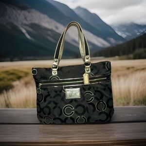 Coach Poppy Y2K Black Canvas with Silver Lurex Threading Accents XL Shoulder Bag